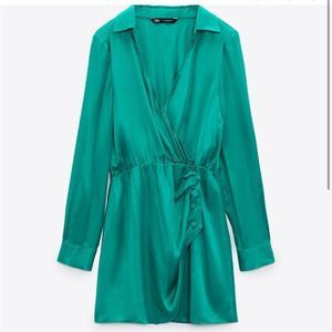 Zara Turquiose Satin Effect Wrap Dress with Buttons